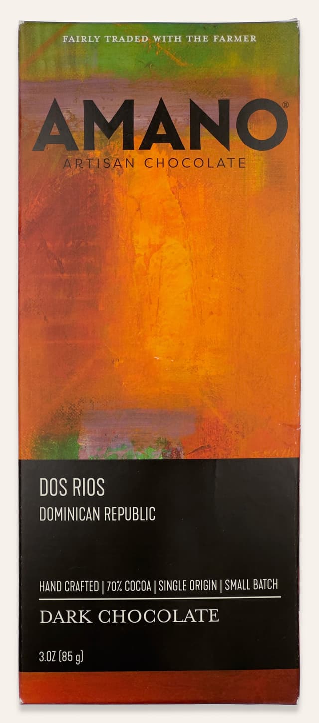 Front of Dos Rios Dominican Republic bar made by Amano Artisan Chocolate in the United States package