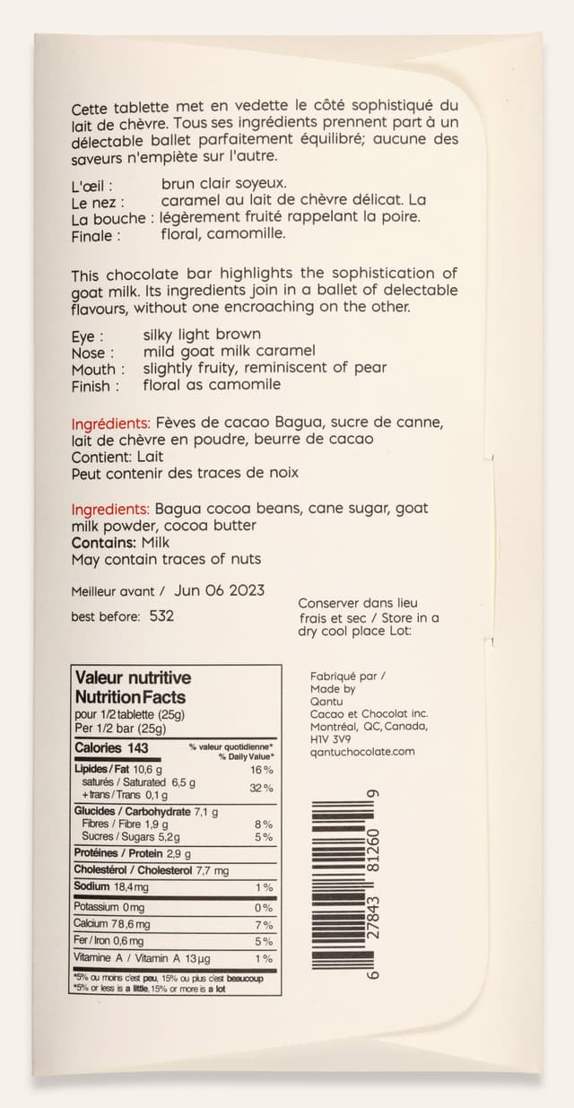 Back of Dreams of Cashmere Goat Milk Chocolate bar made by Qantu in Canada package