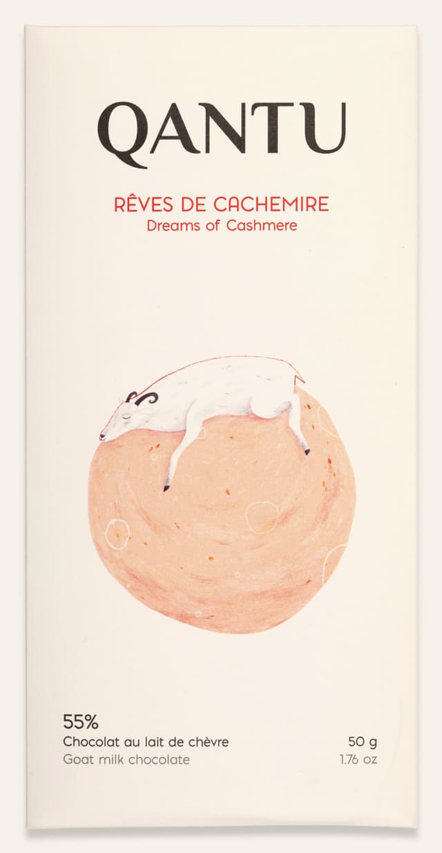 Front of Dreams of Cashmere Goat Milk Chocolate bar made by Qantu in Canada package