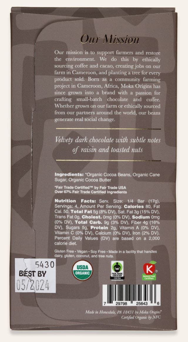 Back of Ghana Dark Chocolate bar made by Moka Origins in the United States package