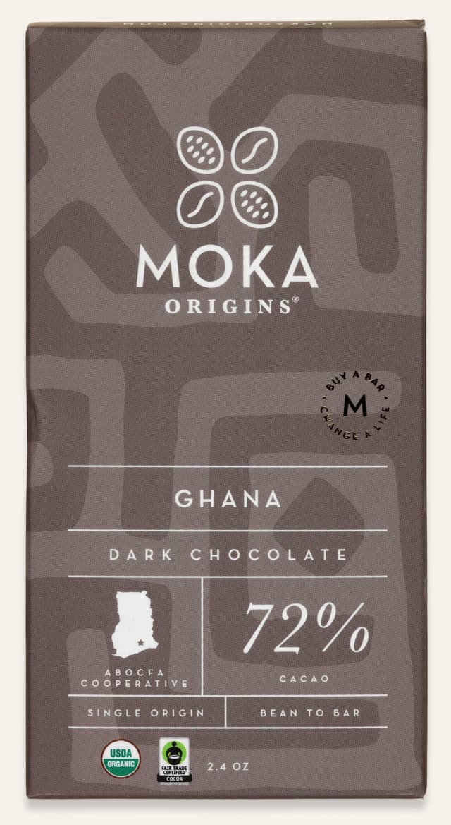 Front of Ghana Dark Chocolate bar made by Moka Origins in the United States package