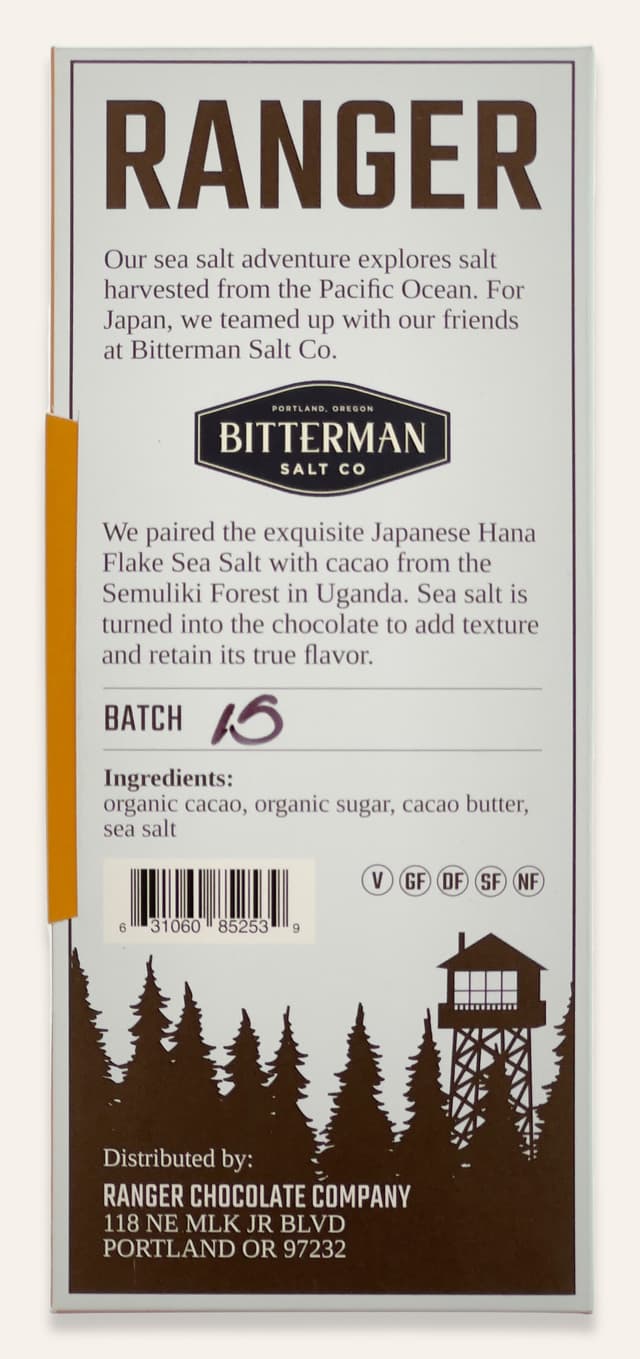 Back of Japan Sea Salt Chocolate bar made by Ranger Chocolate Co in the United States package