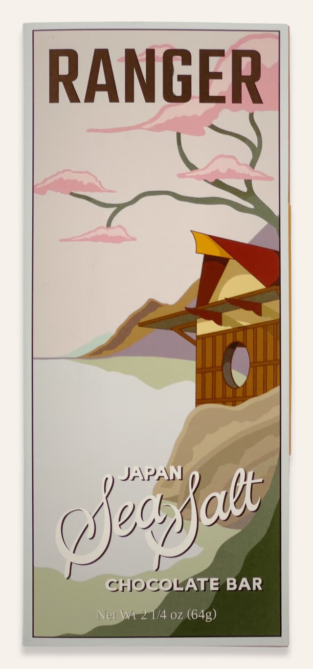 Front of Japan Sea Salt Chocolate bar made by Ranger Chocolate Co in the United States package