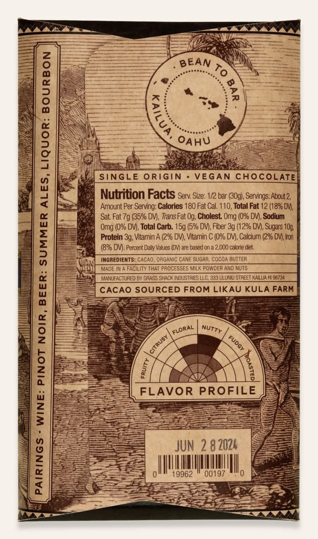 Back of Kona Hawai'i Island 70% Dark Chocolate bar made by Manoa Chocolate in the United States package