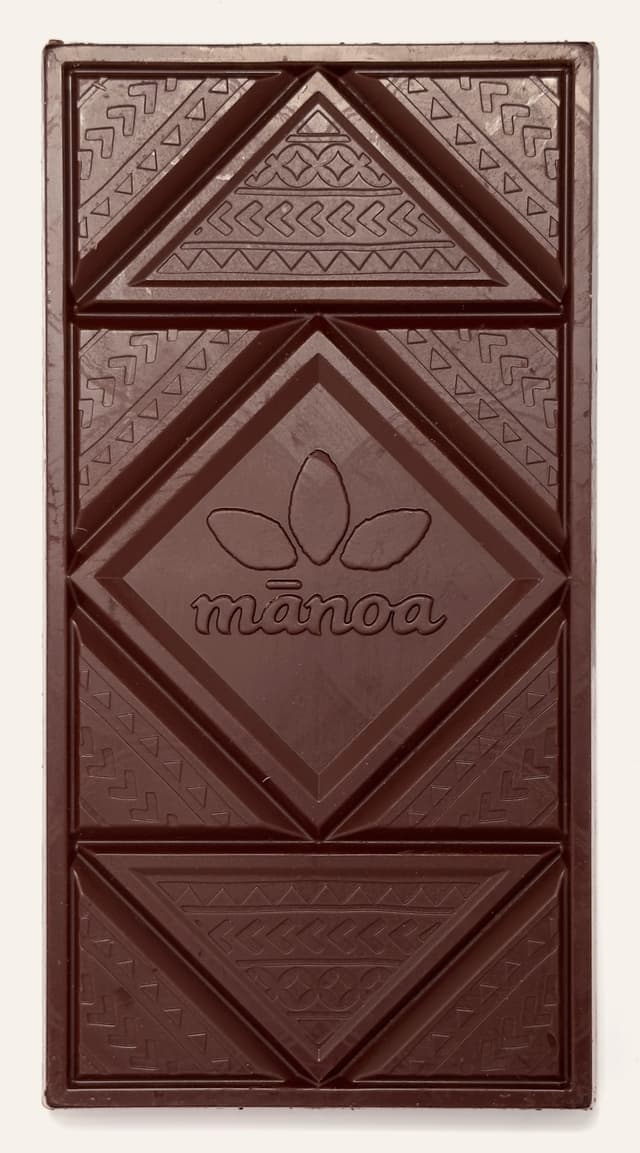 Front of Kope Coffee 60% Dark Milk Chocolate & Nibs bar from Manoa Chocolate with a geometric triangle pattern
