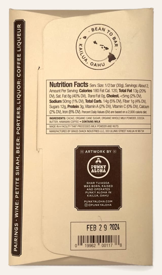 Back of Kope Coffee 60% Dark Milk Chocolate & Nibs bar from Manoa Chocolate package