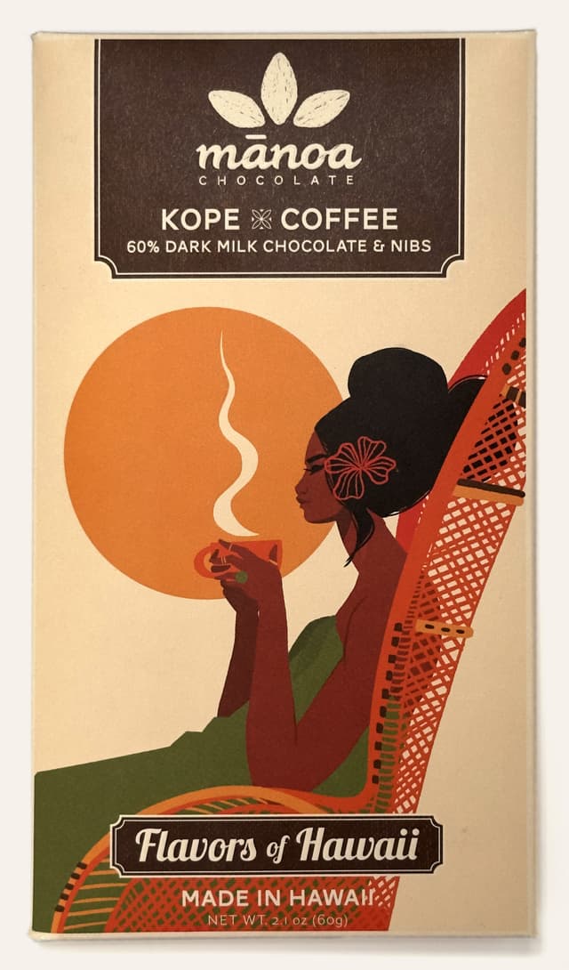 Front of Kope Coffee 60% Dark Milk Chocolate & Nibs bar from Manoa Chocolate package
