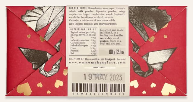Back of Lakkrís + Raspberry bar made by Omnom Chocolate in Iceland package