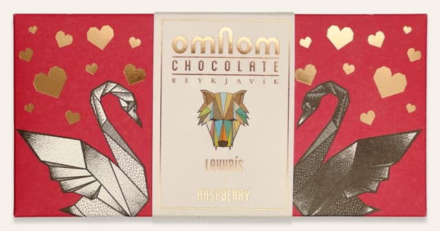 Front of Lakkrís + Raspberry bar made by Omnom Chocolate in Iceland package