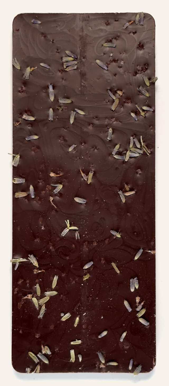 Back of Lavender Flowers + Red Salt bar from Antidote Chocolate