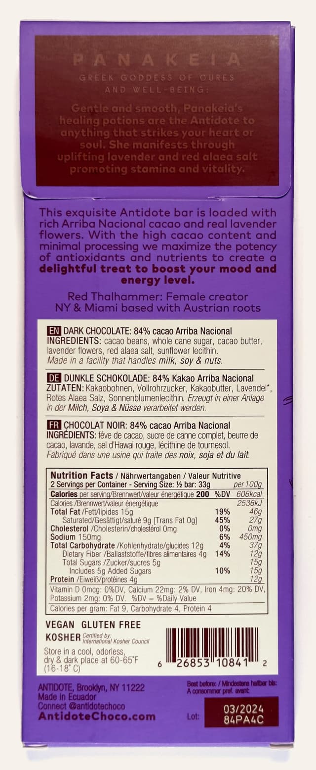 Back of Lavender Flowers + Red Salt bar from Antidote Chocolate package