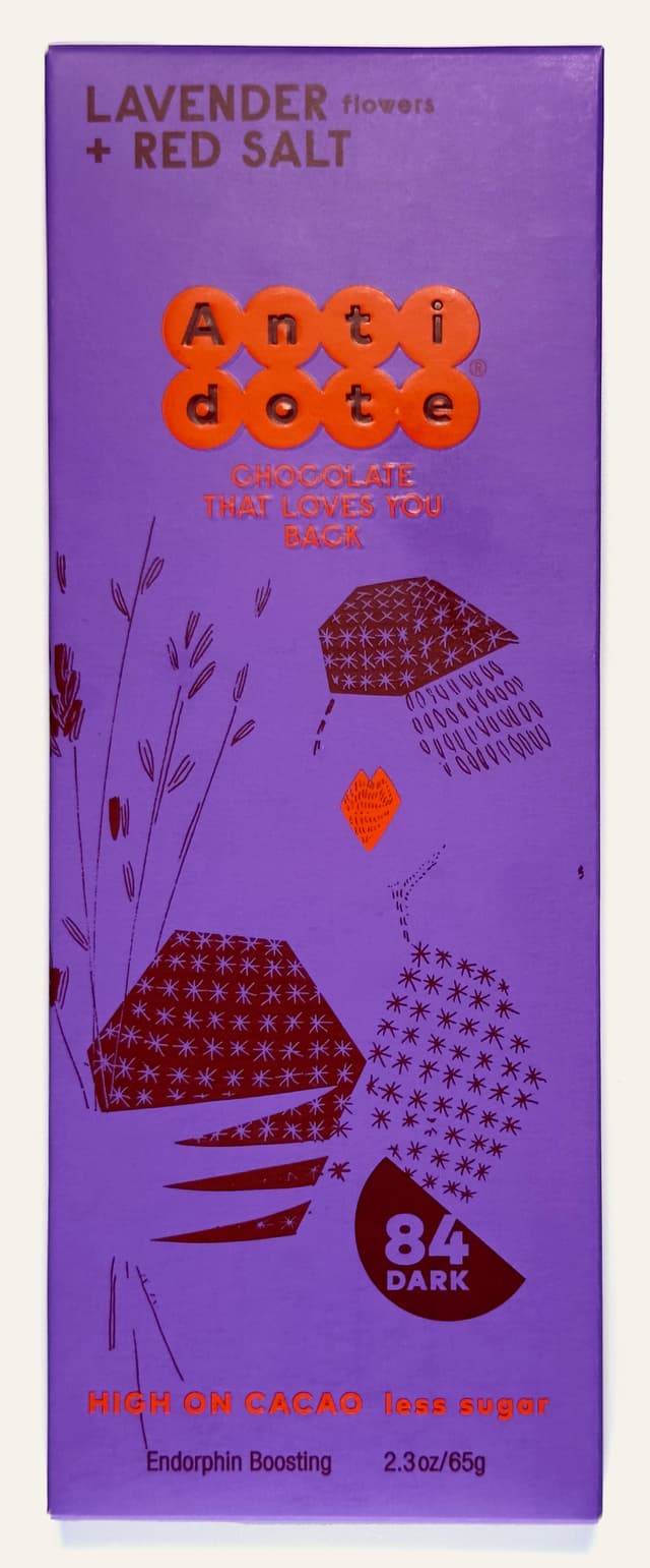 Front of Lavender Flowers + Red Salt bar from Antidote Chocolate package