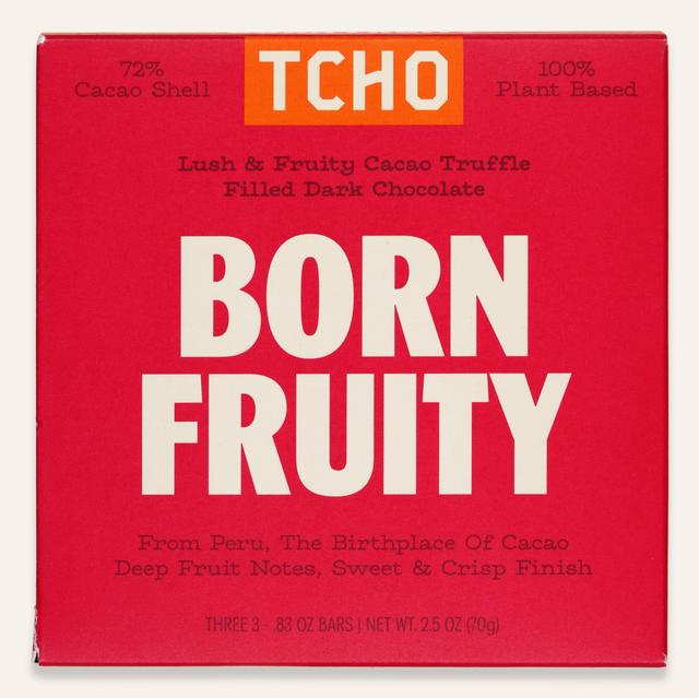 Front of Born Fruity Lush & Fruity Cacao Truffle Filled Dark Chocolate bar made by TCHO in the United States package