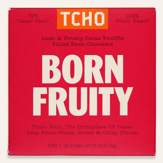 Front of Born Fruity Lush & Fruity Cacao Truffle Filled Dark Chocolate bar made by TCHO in the United States package