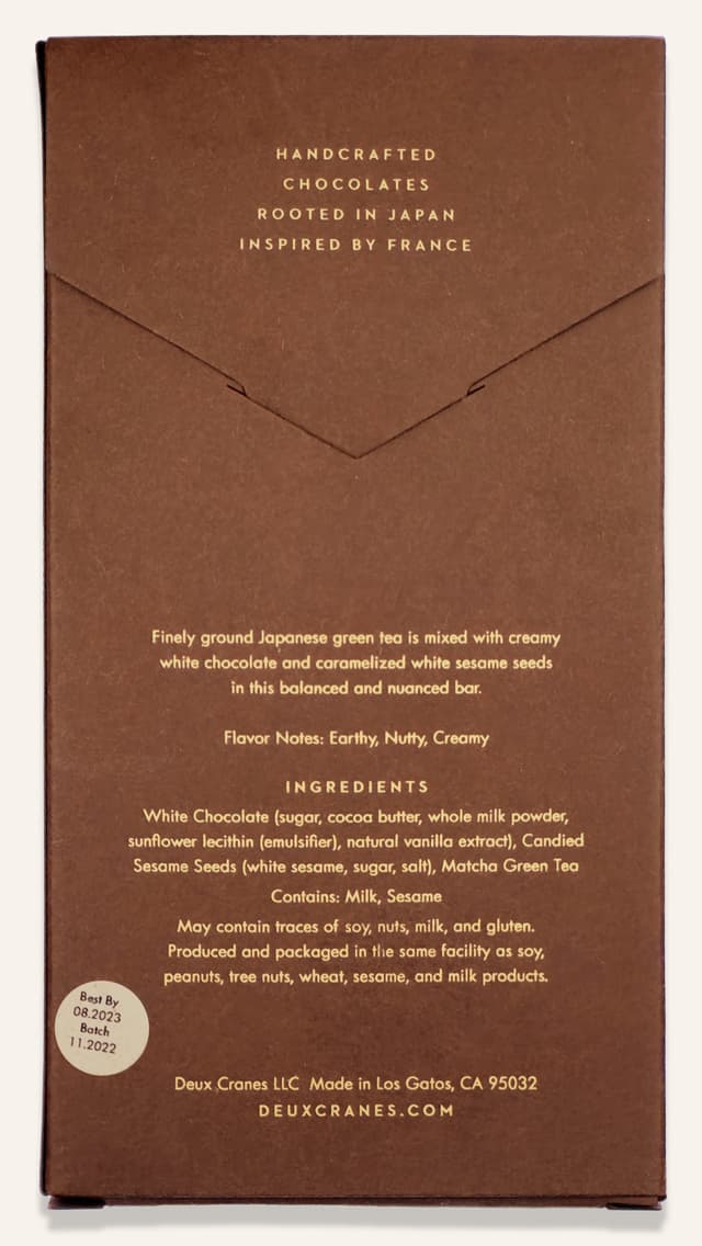 Back of Matcha Chocolate with Caramelized Sesame bar made by Deux Cranes package
