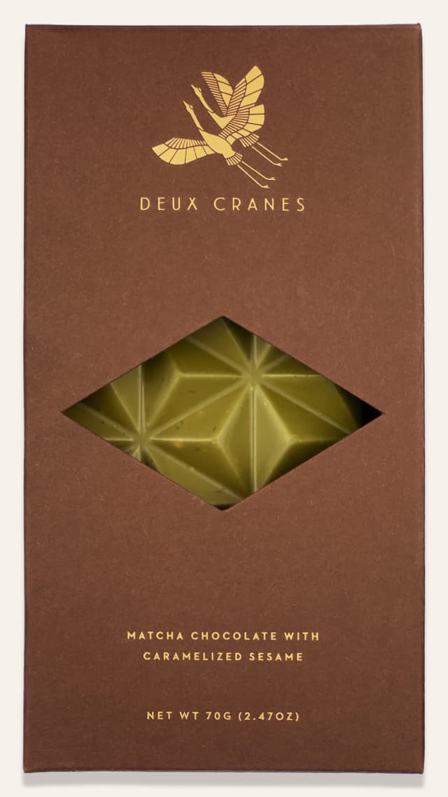 Front of Matcha Chocolate with Caramelized Sesame bar made by Deux Cranes package