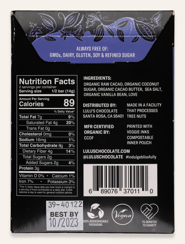 Back of Midnight Velvet bar made by Lulu's Chocolate in the United States package