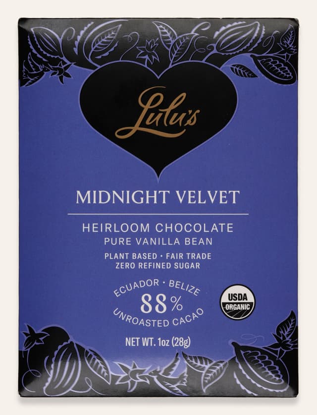 Front of Midnight Velvet bar made by Lulu's Chocolate in the United States package