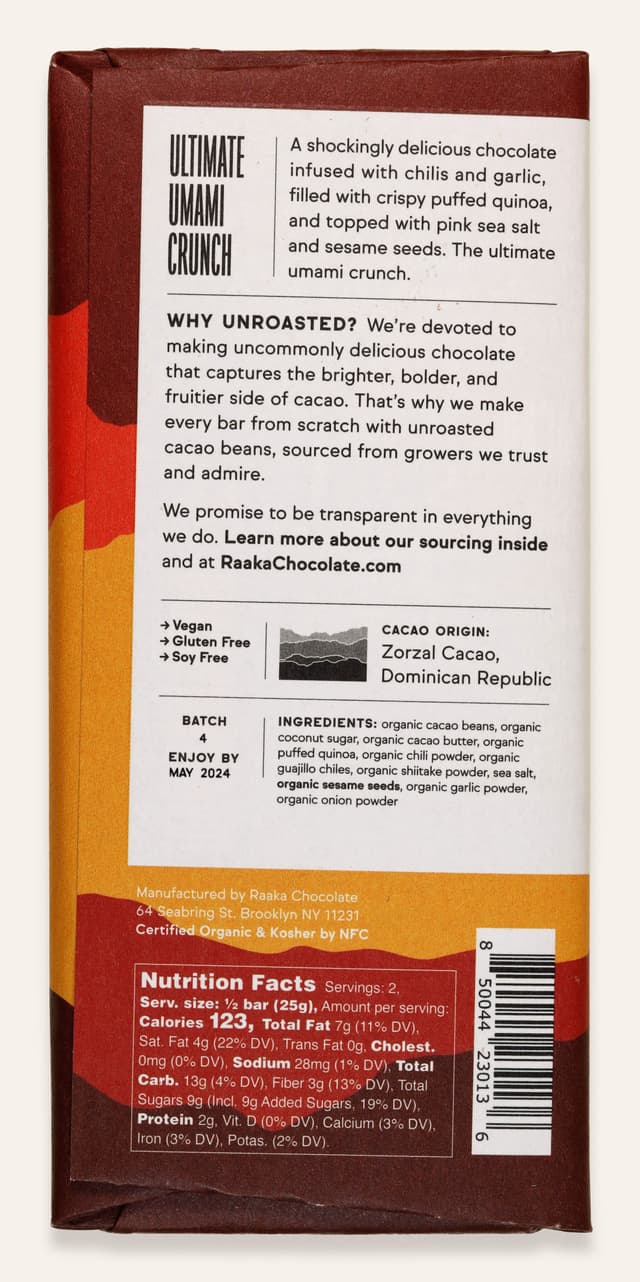 Back of Momofuku Chili Chocolate Crunch bar made by Raaka Chocolate in the United States package