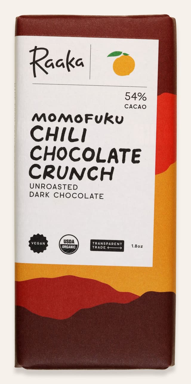 Front of Momofuku Chili Chocolate Crunch bar made by Raaka Chocolate in the United States package
