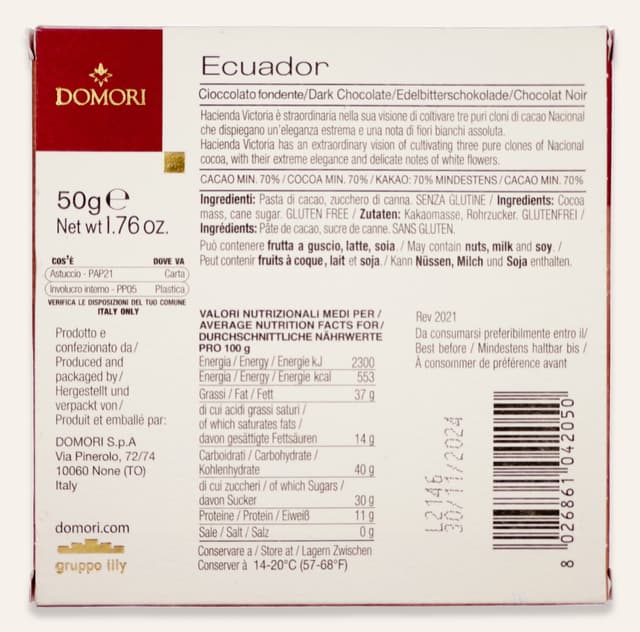 Back of Nacional 70% Ecuador bar made by Domori in Italy package