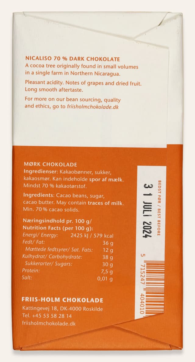Back of Nicaliso 70% bar made by Friis-Holm Chokolade in Denmark package