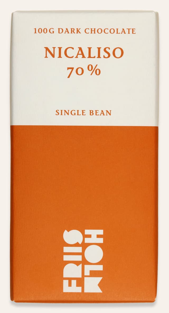 Front of Nicaliso 70% bar made by Friis-Holm Chokolade in Denmark package