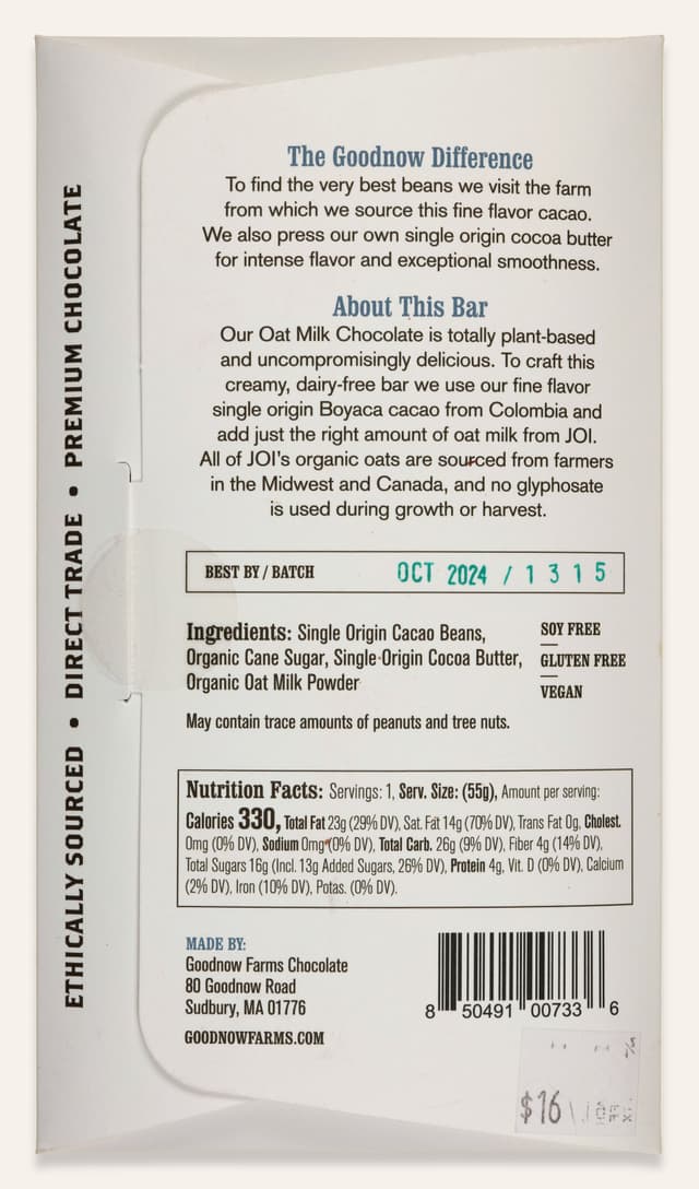 Back of Oat Milk Chocolate 61% Cacao bar made by Goodnow Farms Chocolate in the United States package