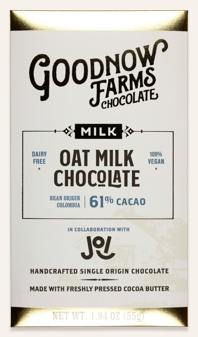 Front of Oat Milk Chocolate 61% Cacao bar made by Goodnow Farms Chocolate in the United States package