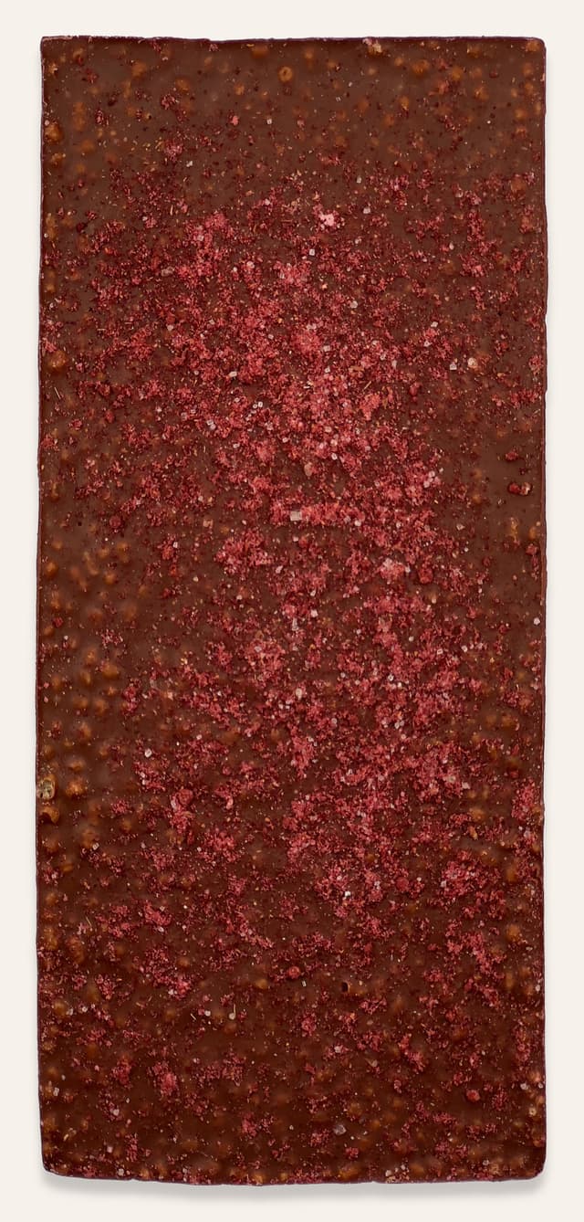 Back of Pacific Razz Crisp bar made by Pacific Chocolate Company in the United States