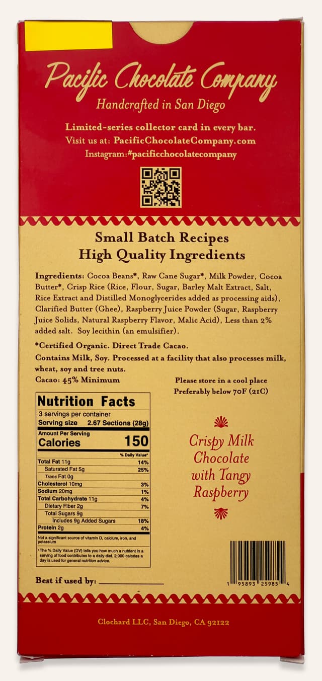 Back of Pacific Razz Crisp bar made by Pacific Chocolate Company in the United States package