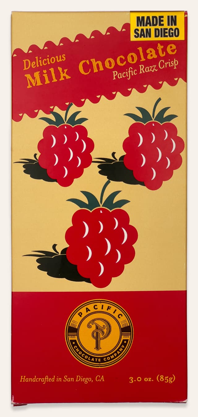 Front of Pacific Razz Crisp bar made by Pacific Chocolate Company in the United States package