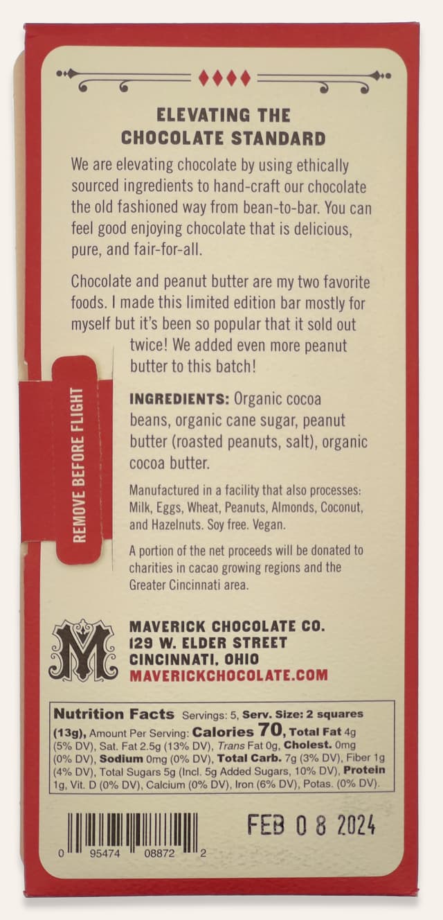 Back of Peanut Butter Dark Chocolate bar made by Maverick Chocolate Co in the United States package