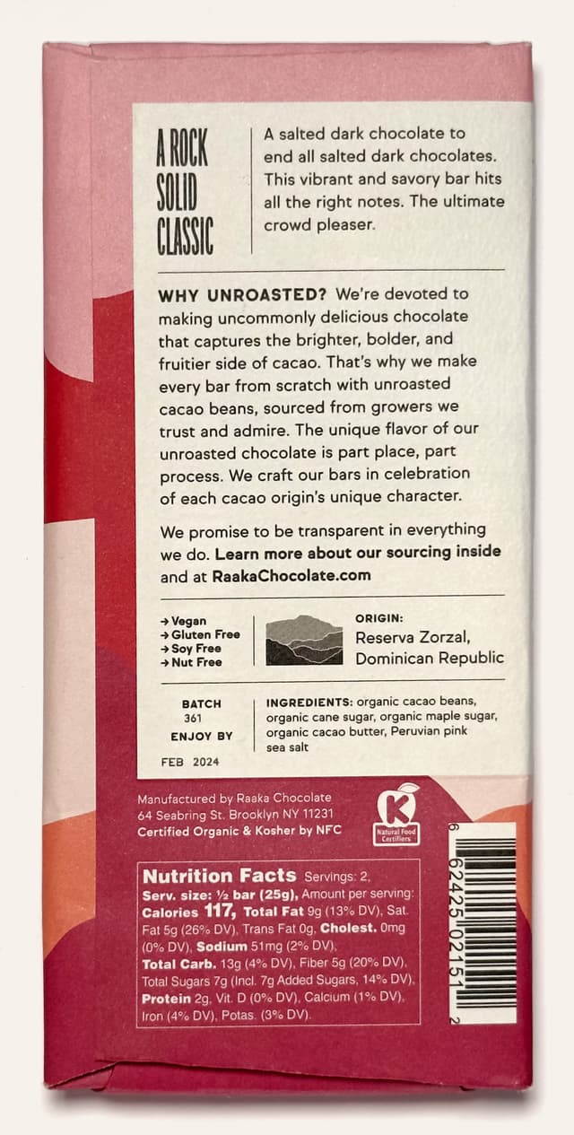 Back of Pink Sea Salt Unroasted Dark Chocolate bar from Raaka Chocolate package