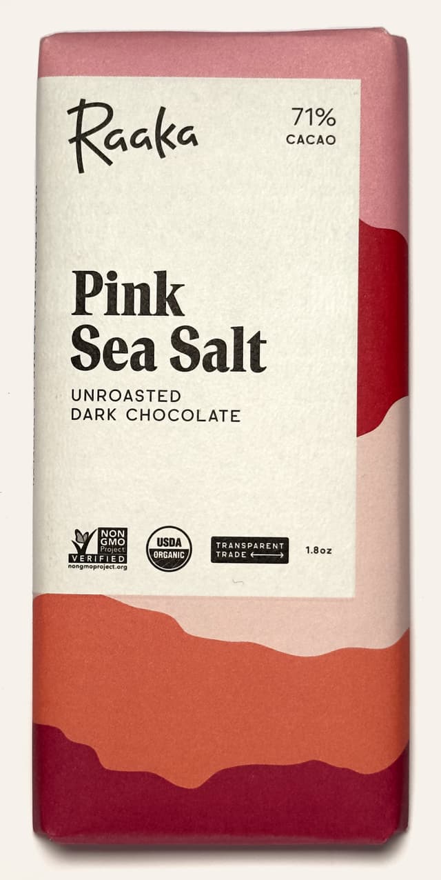 Front of Pink Sea Salt Unroasted Dark Chocolate bar from Raaka Chocolate package