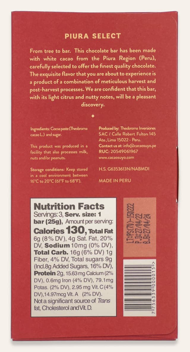Back of Piura Select Dark Chocolate bar made by Cacaosuyo in Peru package