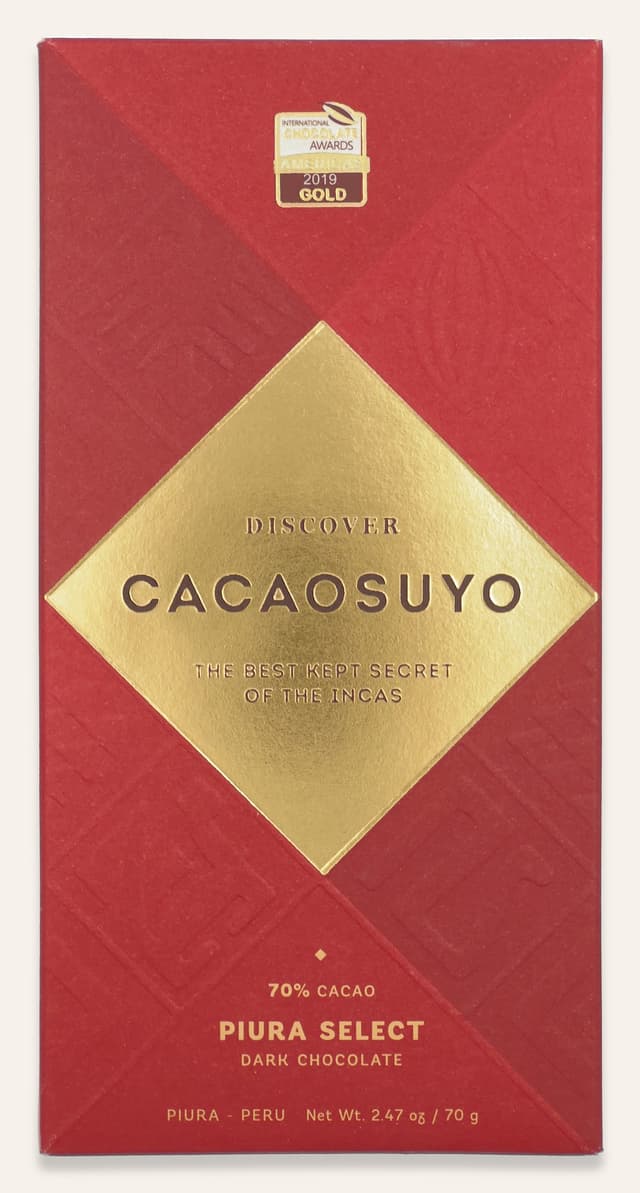 Front of Piura Select Dark Chocolate bar made by Cacaosuyo in Peru package