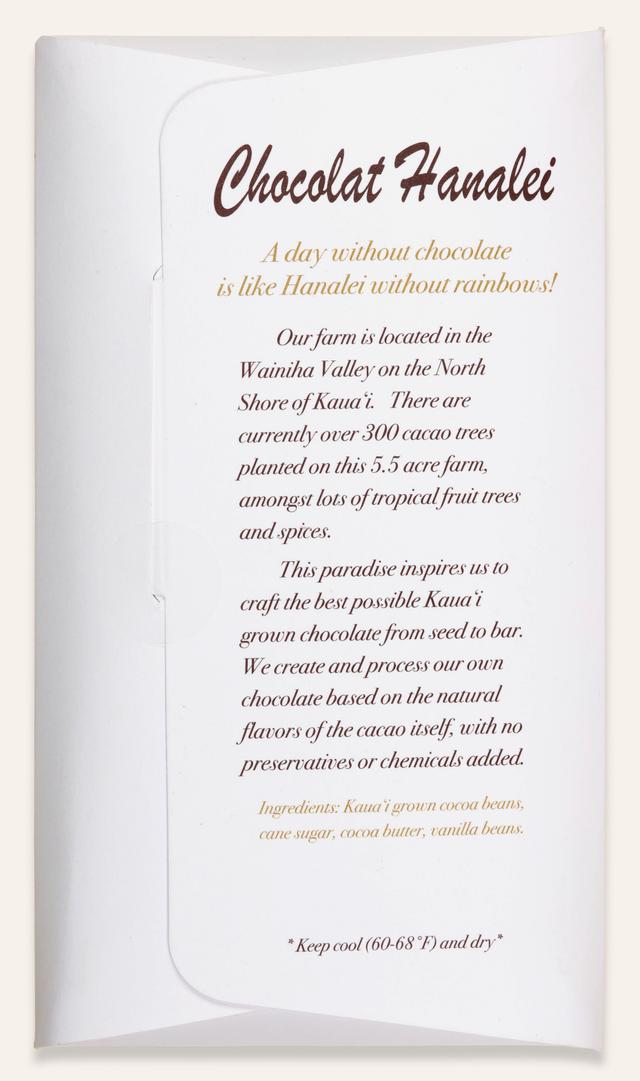 Back of Powerhouse Bar 70% Cocoa bar made by Chocolat Hanalei in the United States package