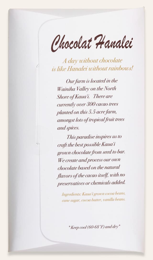 Back of Powerhouse Bar 70% Cocoa bar made by Chocolat Hanalei in the United States package