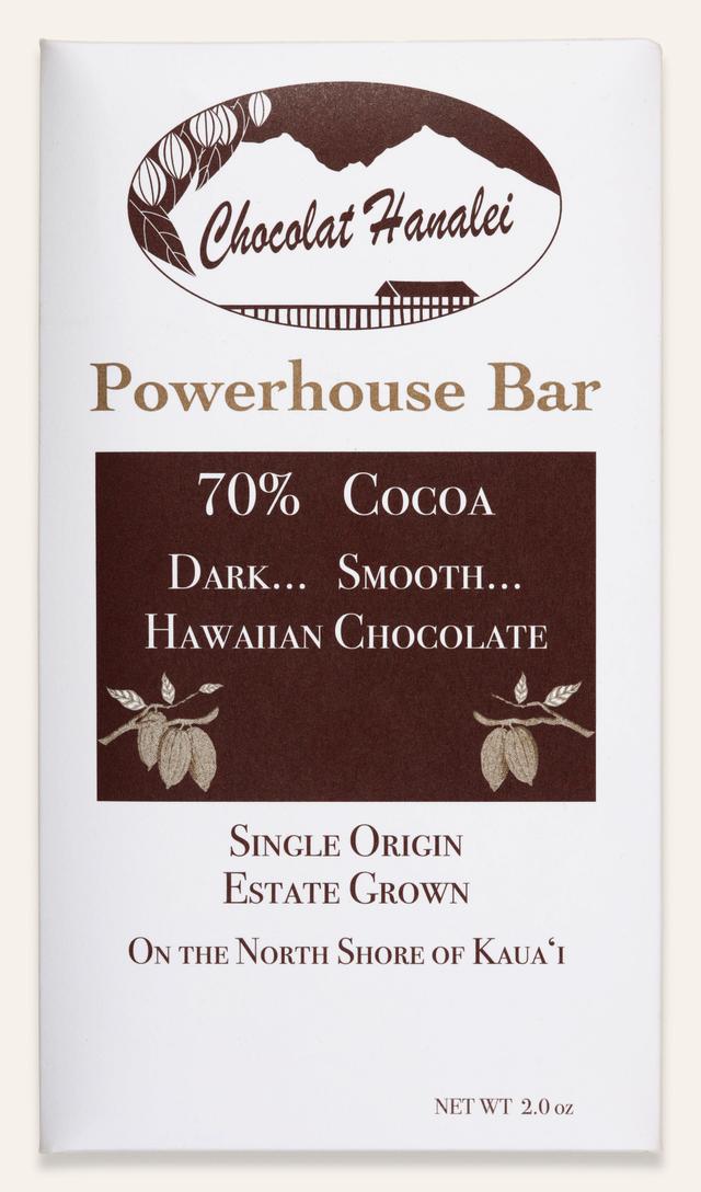 Front of Powerhouse Bar 70% Cocoa bar made by Chocolat Hanalei in the United States package