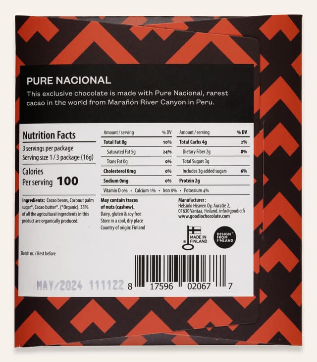 Back of Pure Nacional 80% Pure Nacional from Peru bar made by Goodio in Finland package