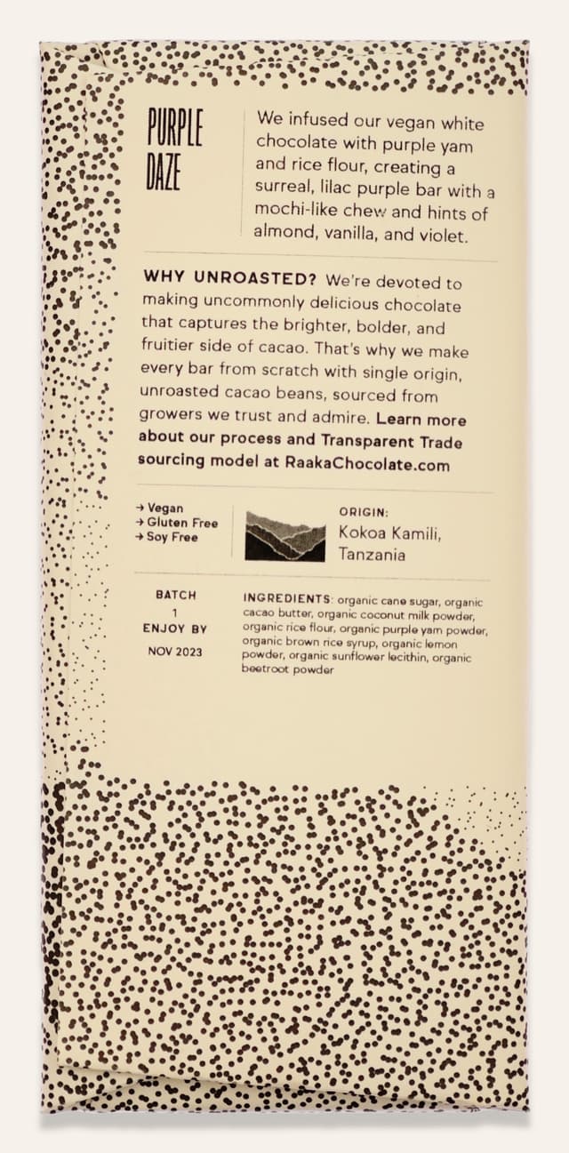 Back of Purple Yam Mochi Vegan White Chocolate bar made by Raaka Chocolate Chocolate package
