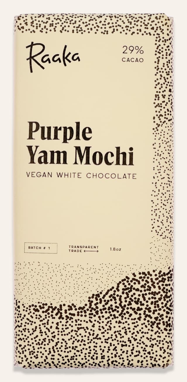 Front of Purple Yam Mochi Vegan White Chocolate bar made by Raaka Chocolate Chocolate package
