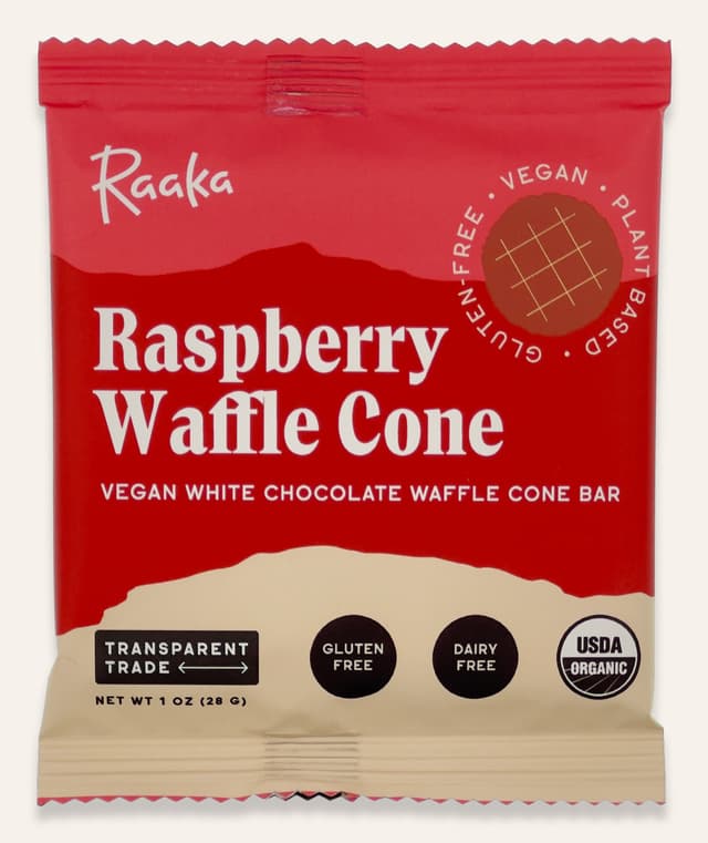Front of Raspberry Waffle Cone Vegan White Chocolate Waffle Cone bar made by Raaka Chocolate in the United States package