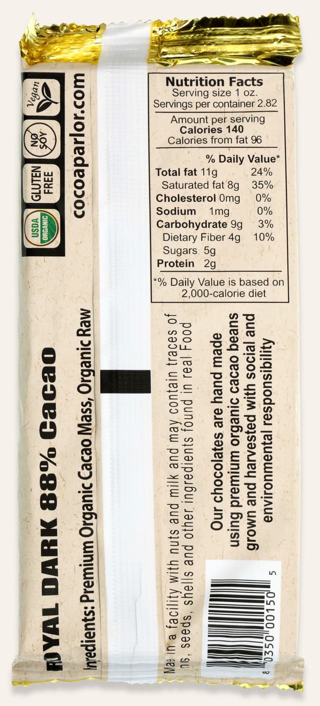 Back of Royal Dark 88 bar made by Cocoa Parlor in the United States package
