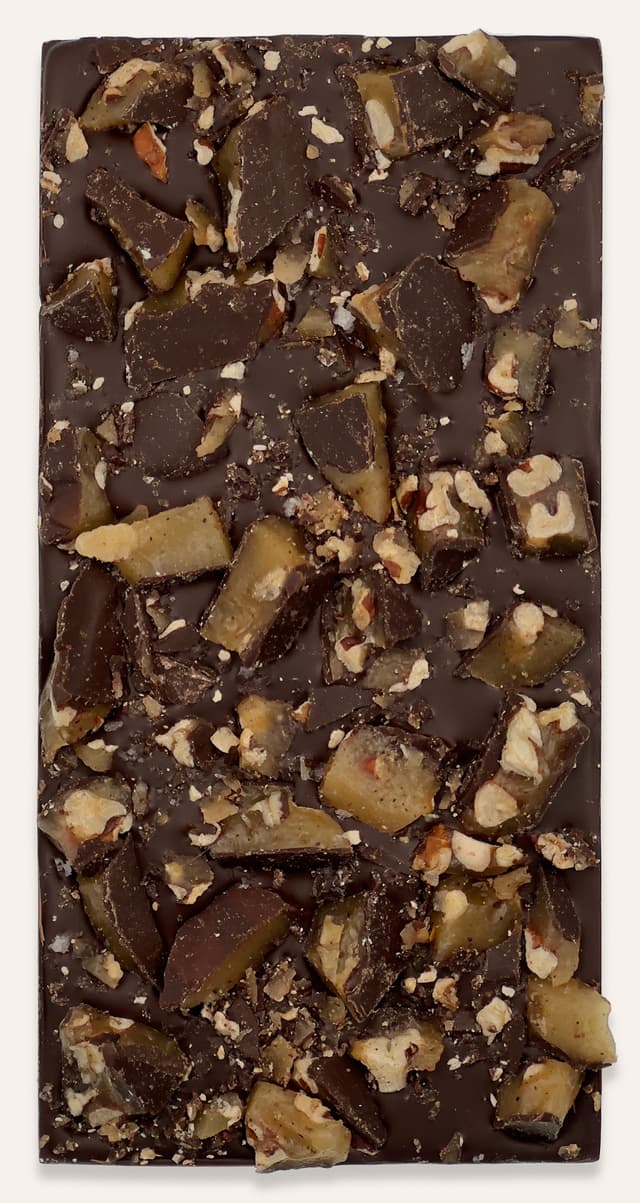 Front of Salted Brown Butter Texas Pecan Brittle bar made by Wildwood Chocolate in the United States