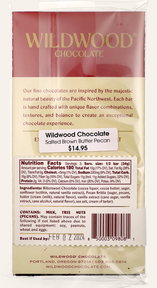 Back of Salted Brown Butter Texas Pecan Brittle bar made by Wildwood Chocolate in the United States package