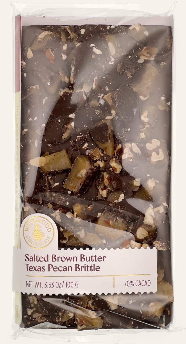 Front of Salted Brown Butter Texas Pecan Brittle bar made by Wildwood Chocolate in the United States package