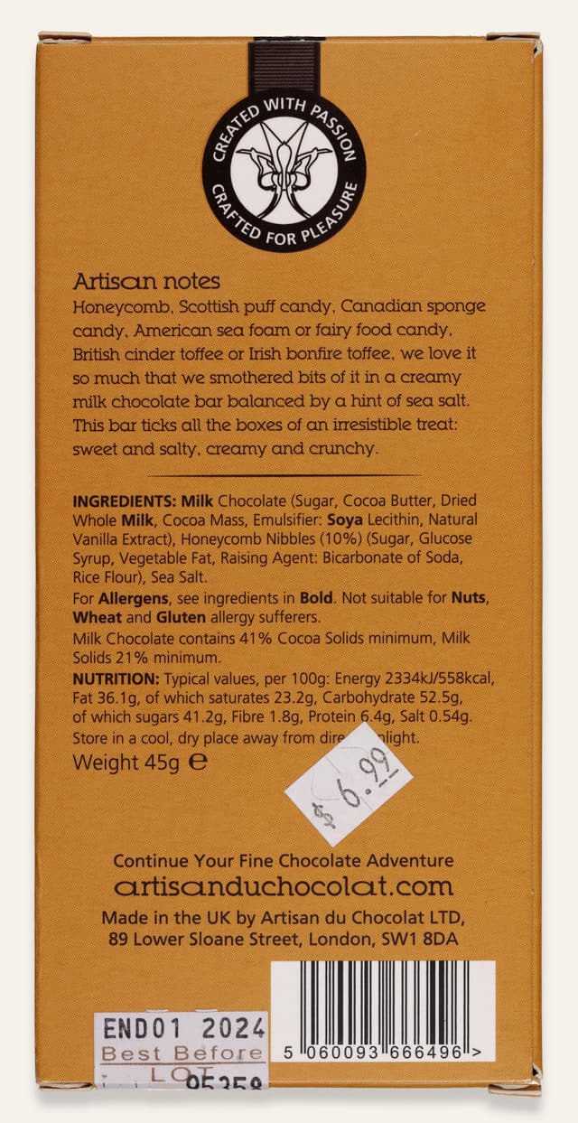 Back of Salted Honeycomb Milk Chocolate 41% bar made by Artisan du Chocolat in England package