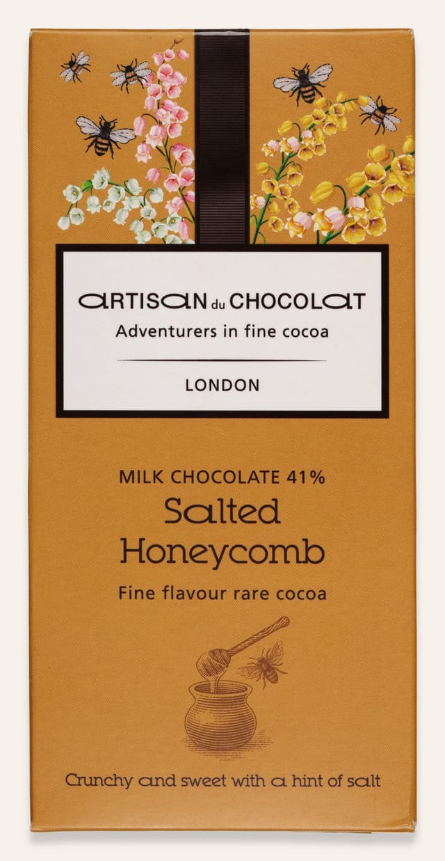 Front of Salted Honeycomb Milk Chocolate 41% bar made by Artisan du Chocolat in England package